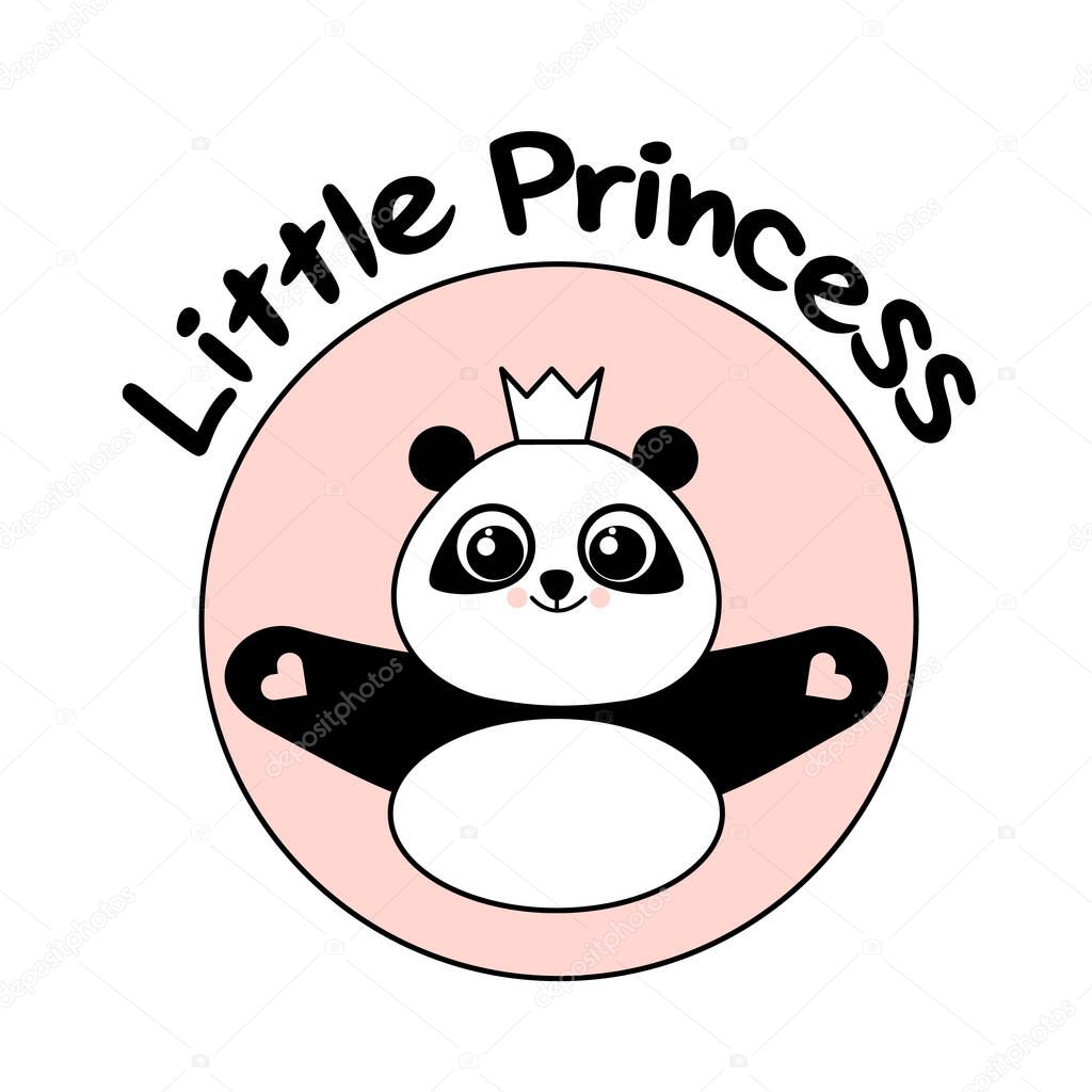 Cute panda with a crown. Little princess logo. Vector illustration isolated on white background.