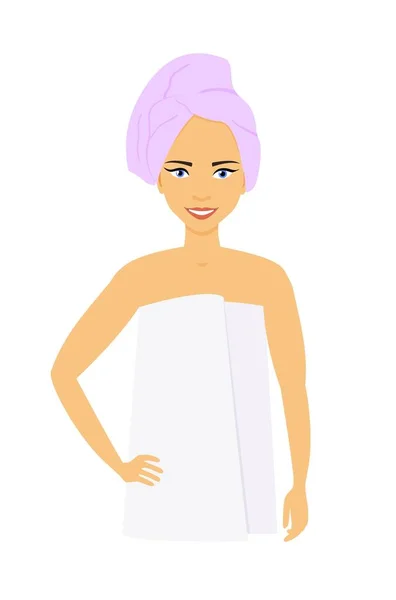 Young beautiful girl in a towel with clean fresh skin. The concept of personal care, hygiene. Isolated vector. — Stock Vector