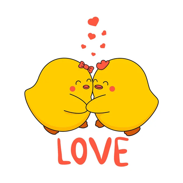 Two cute chicks are in love and hugged. Valentines day card in cartoon style. Vector illustration isolated on white. — Stock Vector