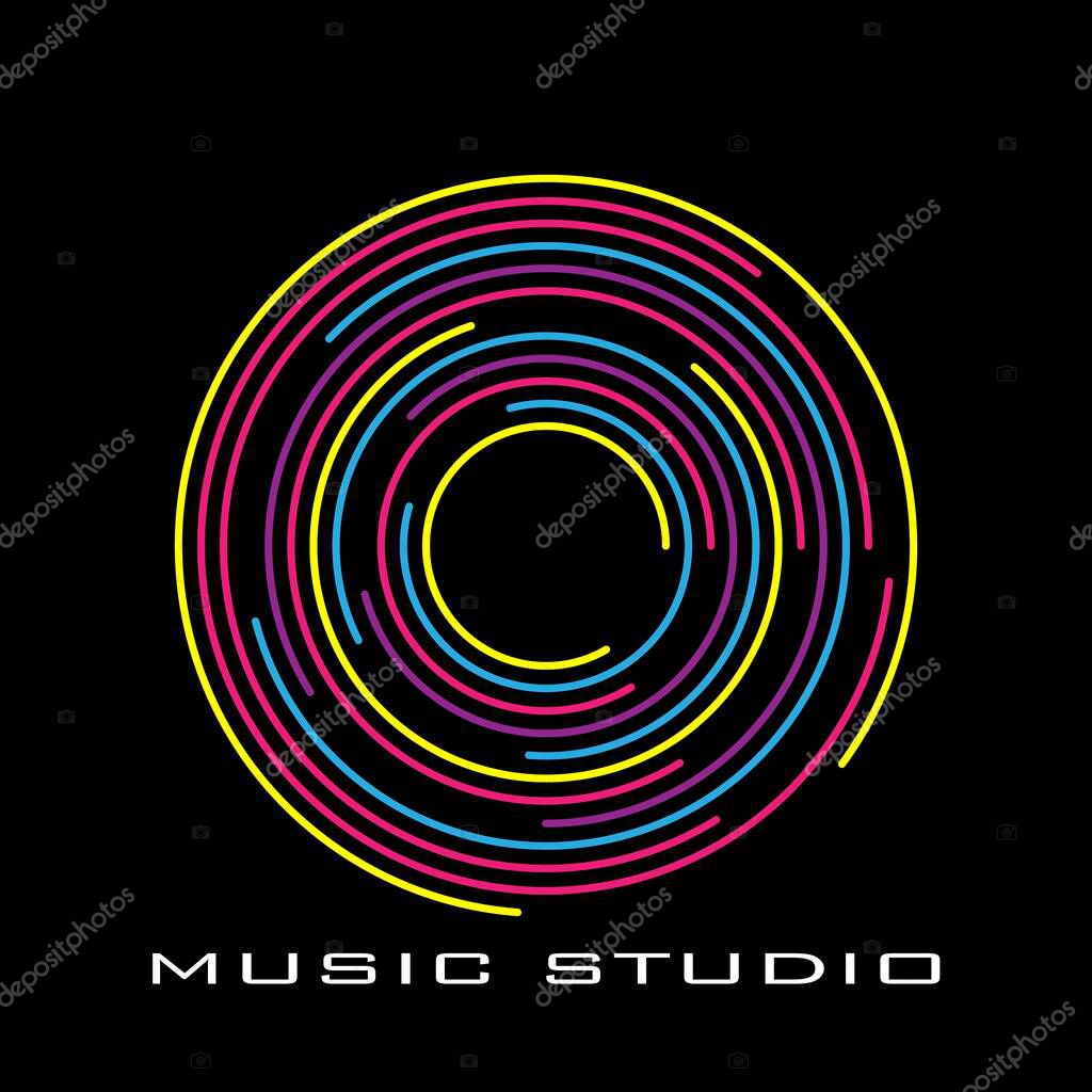 Vinyl record, music disc. Album cover, flyer, logo for recording studio, dj disc icon on black background. Vector.