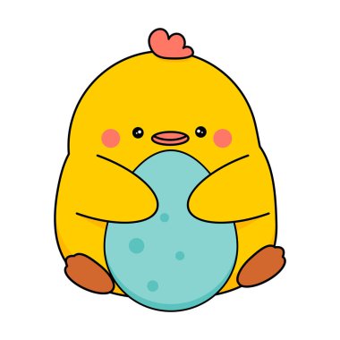 Sevimli bir piliç paskalya yumurtası tutuyor. Çizgi film stiliyle renkli çıkartma. Vektör illüstrasyonu beyazda izole edildi.