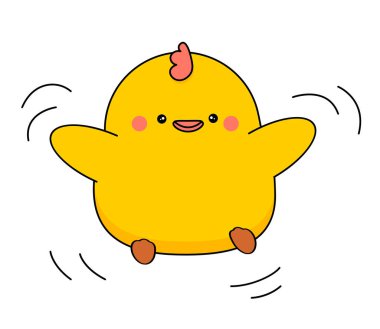 Şirin tavuk karakteri kanatlarını çırpıyor. Vektör beyazda izole edildi.