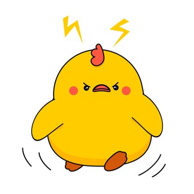 Şirin tavuk kızgın. Kawaii duygusal karakteri. Çizgi film tarzında vektör illüstrasyonu beyaza izole edildi.