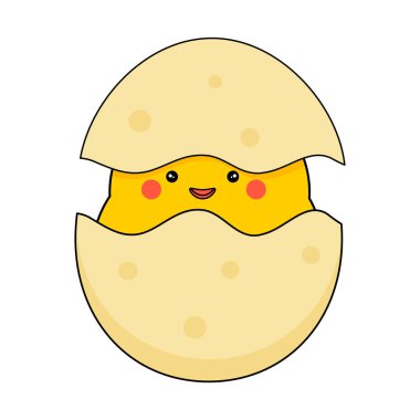 Yumurtadan çıkan sevimli, gülümseyen bir tavuk. Paskalya ve diğer tasarımlar için çizgi film çizimi. Vektör beyazda izole edildi