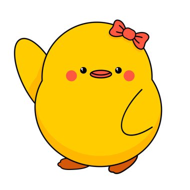 Kanadını sallayan tatlı, gülümseyen bir piliç kız. Paskalya ve diğer tasarımlar için Kawaii karakteri. Vektör illüstrasyonu beyazda izole edildi.