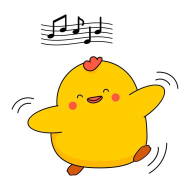 Paskalya tasarımı için güzel bir tavuk. Kawaii karakteri müzikle dans eder. Çizgi film tarzında komik vektör çizimi. Beyazda izole edilmiş.