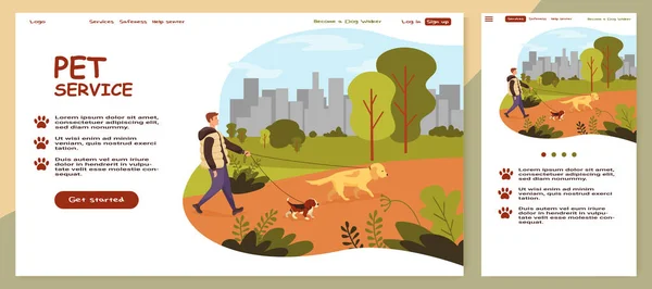 En man går med hundar i en stadspark. Husdjursskötsel. Landningssida för hemsida och mobilversion. Banner, hemsida affisch mall med plats för din text. Vektor illustration i tecknad stil. Vektorgrafik