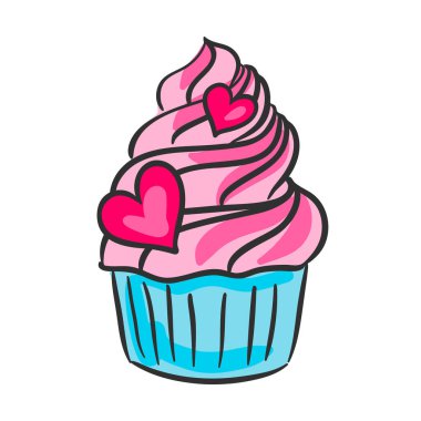 Kalp süslemeli pembe kremalı kek. Çörek beyazda izole edilmiş..