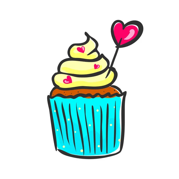 Cupcake con gorra de crema amarilla con decoración de corazón. Muffin Doodle aislado en blanco — Archivo Imágenes Vectoriales