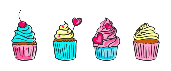 Uppsättning muffins dekorerade med grädde, hjärtan och bär. Muffins ikoner i doodle stil. Royaltyfria illustrationer