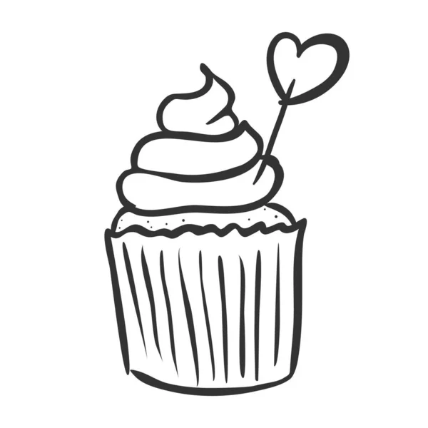 Cupcake met roomdop en hartdecoratie. Doodle muffin geïsoleerd op wit. Ikoon in lineaire stijl. — Stockvector