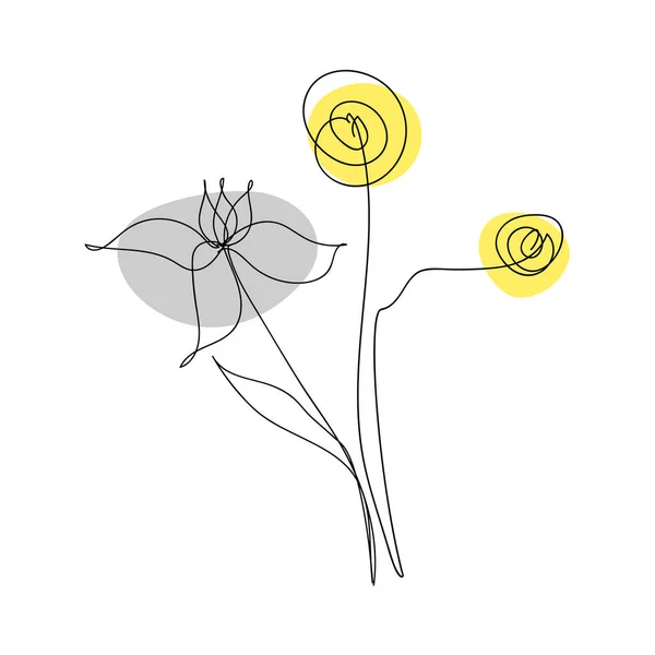 Ramo abstracto de flores en un estilo lineal de moda. Flores dibujo de una línea. — Vector de stock