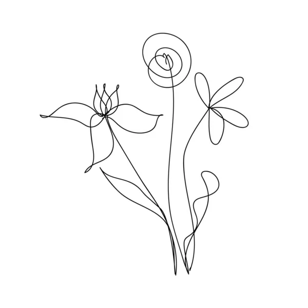Bouquet astratto di fiori in uno stile lineare alla moda. Fiori un disegno di linea. Bouquet disegnato a mano. — Vettoriale Stock