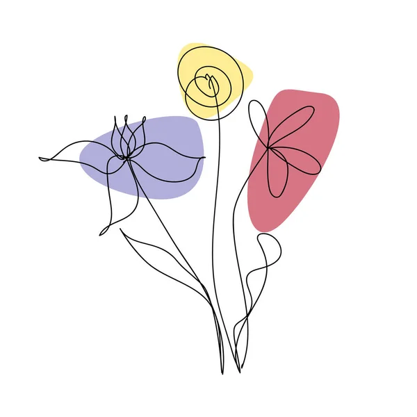 Bouquet astratto di fiori in uno stile lineare alla moda. Fiori un disegno di linea. Bouquet disegnato a mano. Illustrazione isolata vettoriale. — Vettoriale Stock