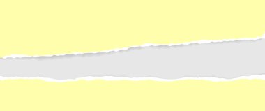 Yırtık, yırtık sarı bir kağıt şeridi. Üzerinde gri bir arka plan var. Mesaj için. Yırtık bir karton parçası..