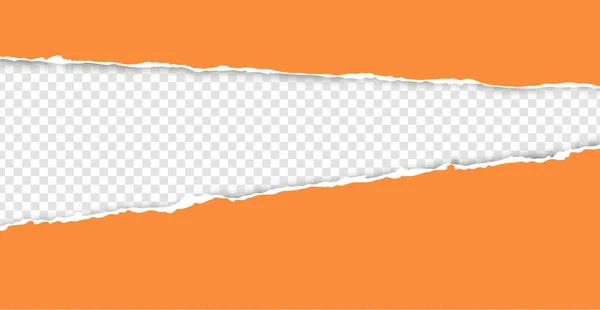 Una striscia strappata e strappata di carta arancione con un'ombra chiara su uno sfondo trasparente per il testo. Un pezzo di cartone strappato. — Vettoriale Stock