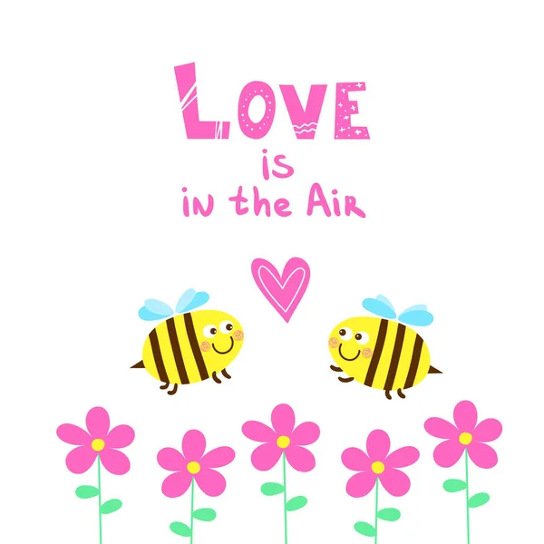 Two smiling cute bees with heart and flowers with typography love in the air. Kavai bees are in love. — Stockvektor