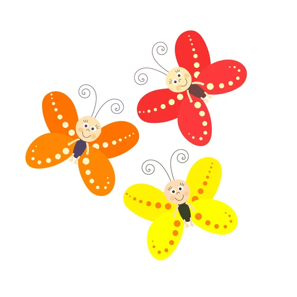 Three cute butterflies with bright wings smiling. Isolated butterflies on a white background. — Stock vektor