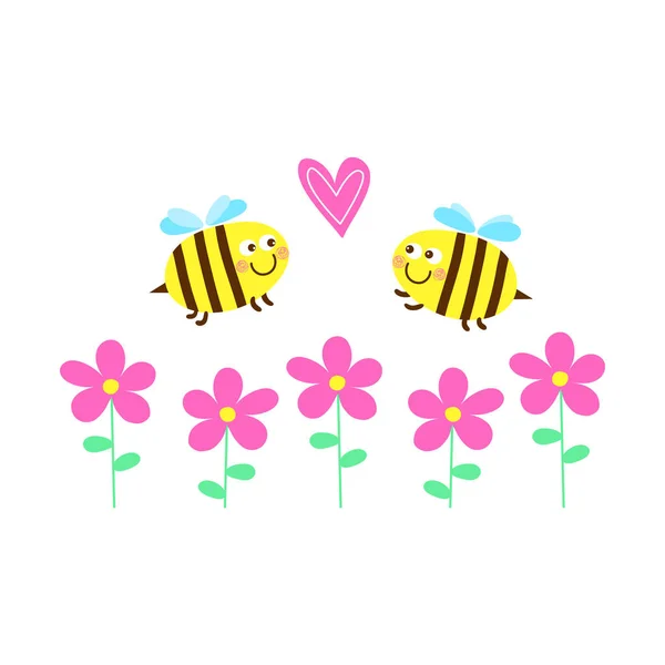 Två kawai bin flyger över färgerna. Söta bin med hjärtan. Insekter insekter. Vektor illustration i tecknad stil. Stockillustration