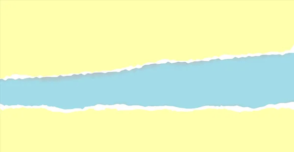 Ruban déchiré et déchiré de papier jaune avec une ombre claire sur fond bleu. Carton déchiré. — Image vectorielle
