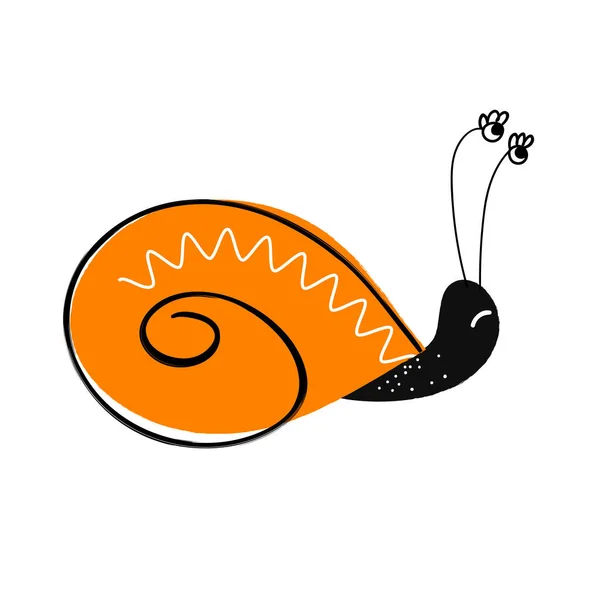 Funny disgruntled snail in cartoon style. Funny slug with an orange shell. — Stock Vector