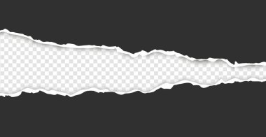 Gerçekçi, yırtık, yırtık, koyu gri kağıt şeritli, şeffaf bir arka planda açık gölge. Yırtık karton.