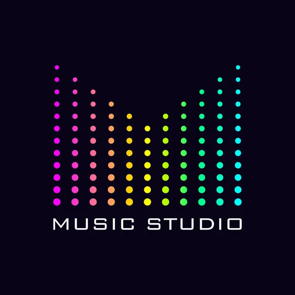 Moderní logo pro hudební studio. M-tvaru technologie duhové tečky pruhy izolované na tmavém pozadí. — Stockový vektor