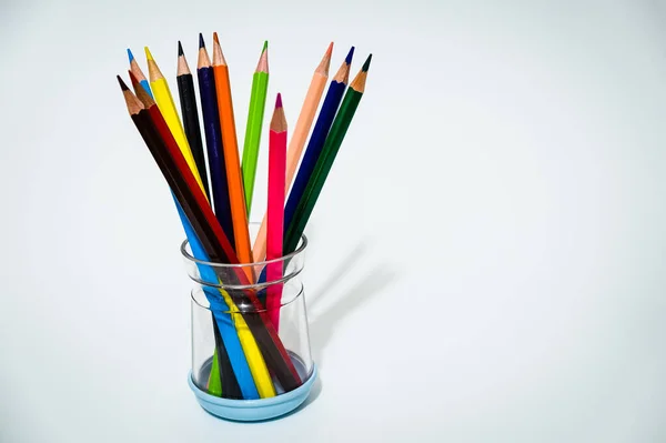Many Coloured Crayons Transparent Jar Form Bouquet White Background Art — Stock Photo, Image