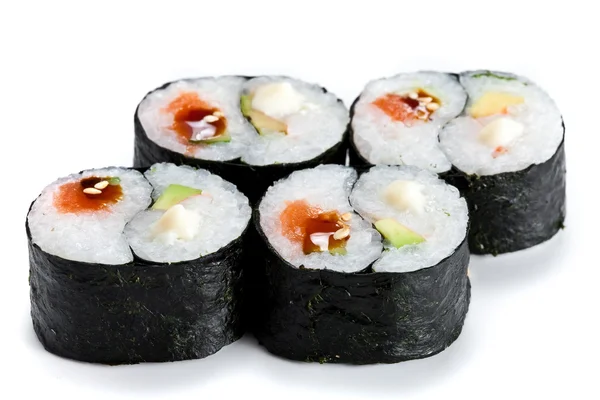 Смачні японські суші-рулети з креветками та креветками ізольовані на білому. Футомакі рулони. У символі ян — стокове фото