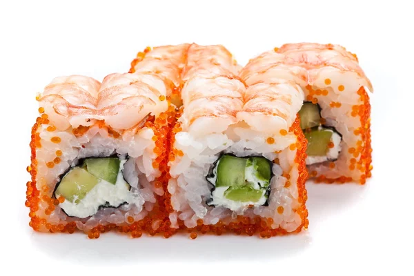 Deliciosos rolos de sushi japonês com camarão e enguia defumada isolados em branco . — Fotografia de Stock