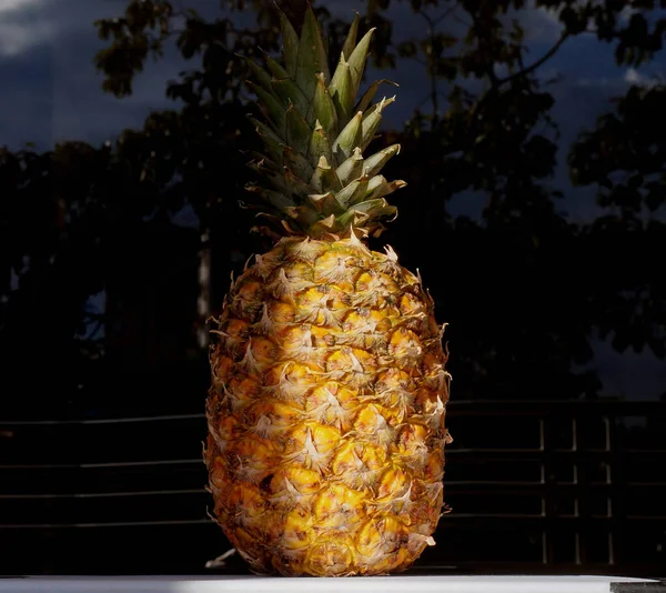 Masadaki bir ananas ve arka plandaki cam yansıması.