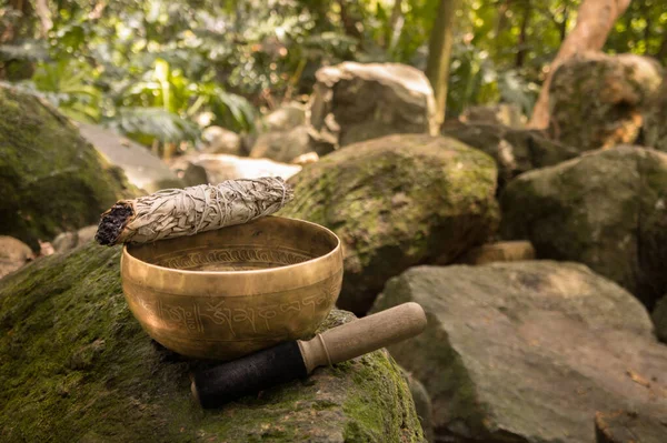 Tibet kâsesi ve tütsü doğada bir kayanın üzerinde. Palosanto.