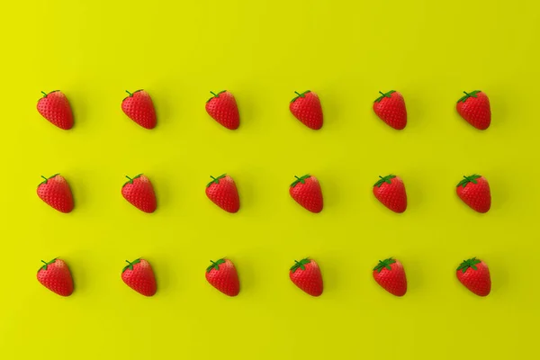 Strawberries on yellow background. Summer theme backdrope. Linearly arranged objects. Fresh food 3d illustration