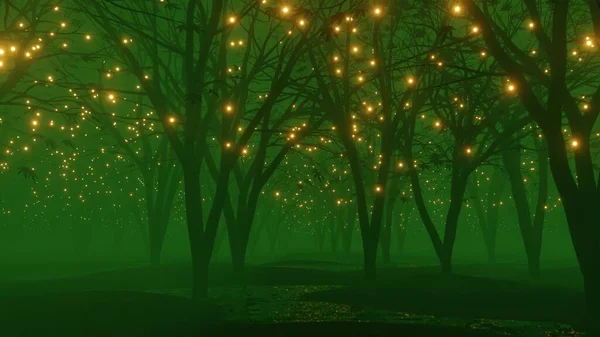 Fantaisie Couleur Vert Foncé Brouillard Forêt Paysage Scène Avec Mystique Photo De Stock