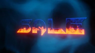 Mavi duman arka planında yanan metin ile ateşli satış tasarımı. Ateşli sıcak satış tasarımı. Özel indirimli 3d canlandırma