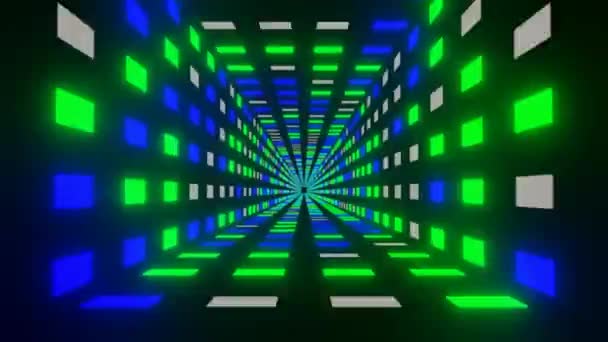 Yanıp Sönen Mavi Yeşil Beyaz Işıklarla Tünelin Içinden Döngüye Alınmış — Stok video