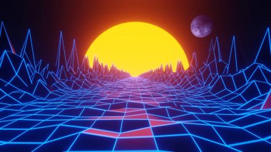 Sarı Günbatımı ve Ay 'lı Pembe Izgara Neon Manzarası. Retrowave, synthwave arazi 3D illüstrasyon