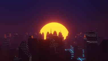 Gün batımında bilim kurgu şehir manzarası 3 boyutlu illüstrasyon