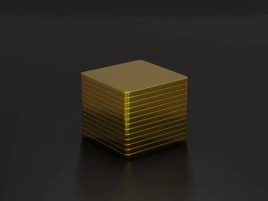 Metalik altın külçeleri gri arkaplan 3d illüstrasyon üzerine yığın