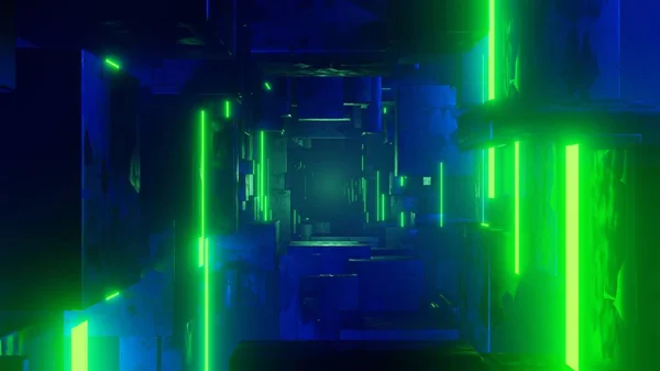 三维渲染技术立方体方式在外层空间与蓝雾绿光 — 图库照片