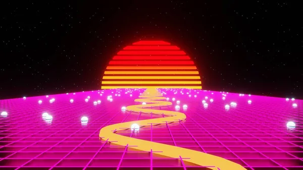 Retrovåg Synthwave Väg Till Solen Bakgrund Illustration — Stockfoto