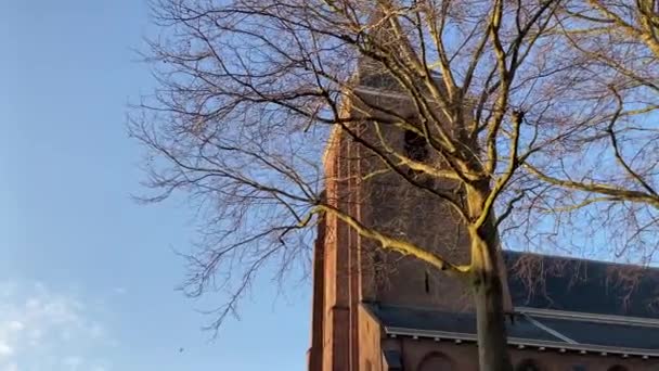 Petruskerk Holländsk Reformerad Kyrka Woerden Parallax Skott Kvällen Gyllene Timme — Stockvideo