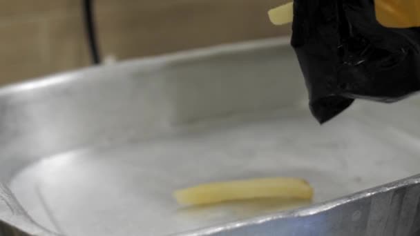 A fagyasztott hasábburgonyát mérlegelés és ellenőrzés céljából fémtartályba helyezik — Stock videók