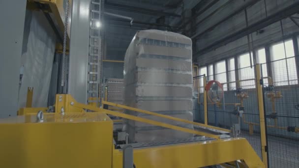 El trabajo de la máquina de envasado para la producción de productos de soplado de vidrio en la planta — Vídeo de stock