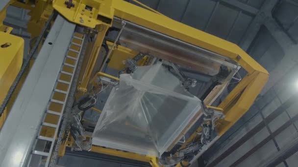 El trabajo de la máquina de envasado para la producción de productos de soplado de vidrio en la planta — Vídeos de Stock