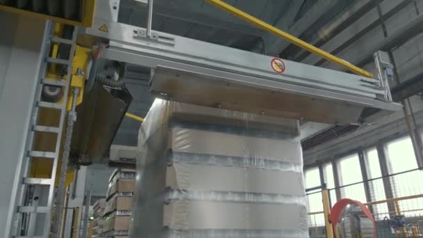 El trabajo de la máquina de envasado para la producción de productos de soplado de vidrio en la planta — Vídeos de Stock