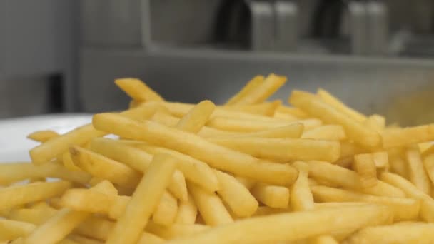 Patatas fritas cocidas espolvoreadas con sal en un plato blanco — Vídeos de Stock