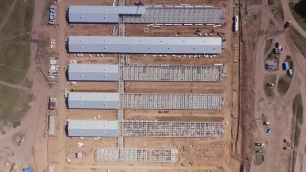 Aus der Vogelperspektive auf den Schweinemastbetrieb, die Produktionsanlagen des Viehzuchtkomplexes, die Baustelle des Tierzuchtkomplexes — Stockvideo