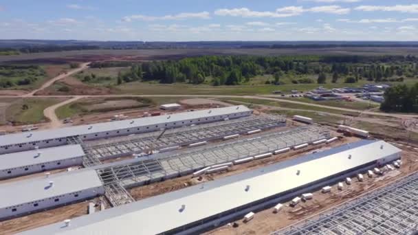 Aus der Vogelperspektive auf den Schweinemastbetrieb, die Produktionsanlagen des Viehzuchtkomplexes, die Baustelle des Tierzuchtkomplexes — Stockvideo