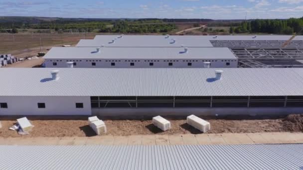 Aus der Vogelperspektive auf den Schweinemastbetrieb, die Produktionsanlagen des Viehzuchtkomplexes, die Baustelle des Tierzuchtkomplexes — Stockvideo